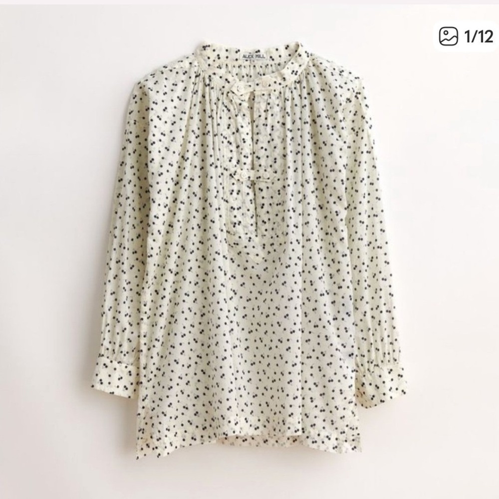 Alex Mill Cherry Print Britt Popover Top White Navy Cotton Blouse Womens XS